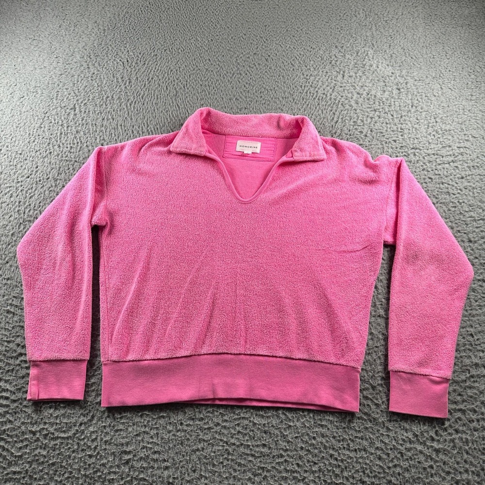 Honorine‎ Pullover Womens S Pink Terry Notch Collar V-Neck Long Sleeve Top Cozy